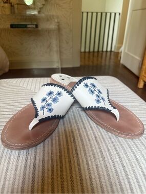 Jack Rogers White Leather Sandals with Blue Floral Embroidery